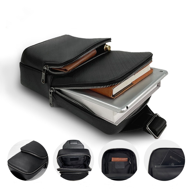 Sling Backpack Shoulder - กระเป๋าสะพายของผู้ชายสีดำดีไซน์แฟชั่นสลิงกระเป๋าคาดหน้าอกหนังแท้กระเป๋าเป้สะพายหลังกลางแจ้งอเนกประสงค์กระเป๋าสะพายไหล่กระเป๋าคาดเอวกระเป๋าคาดเอว