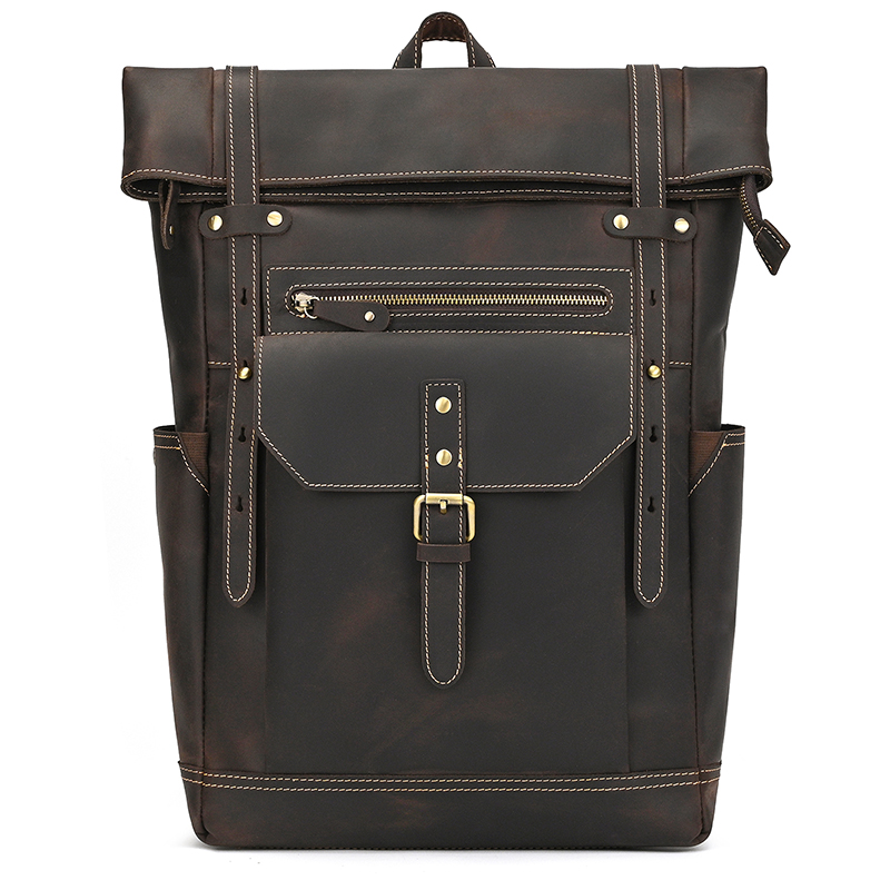 Leather Backpack Vintage - หนังม้าบ้าผู้ชายกระเป๋าเป้สะพายหลังหนังแท้กระเป๋าเป้สะพายหลังแล็ปท็อปกระเป๋าเดินทางสําหรับชาย 14 15 นิ้วกระเป๋าเป้สะพายหลังชาย